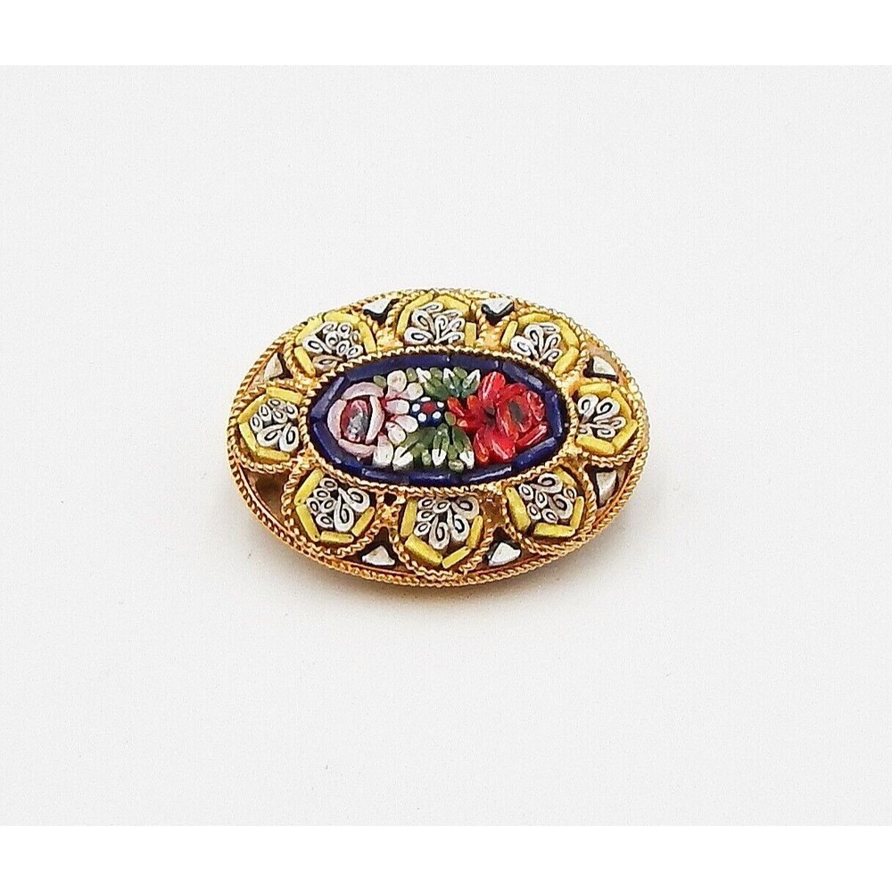 Micro Mosaic Brooch Pin Flower Floral Gold Tone Milgrain Detail Oval Italy